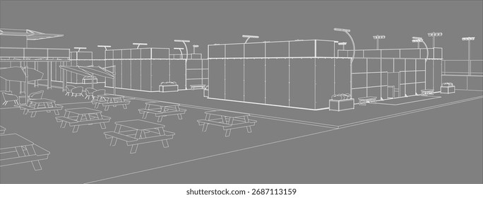 Dibujo de línea isométrica de un moderno complejo de pista de pádel en un estilo arquitectónico minimalista