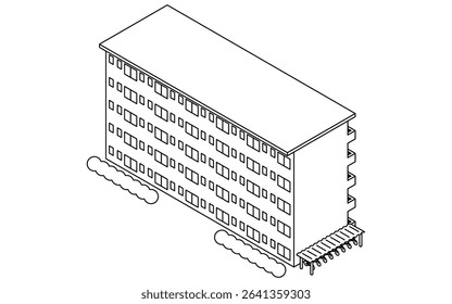 Isometric line drawing of an old five-story Japanese public housing complex with bicycle parking, greenery, and retro architecture, black and white, Vector Illustration