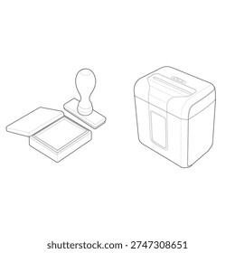 Isometric line drawing of a rubber stamp with ink pad alongside a paper shredder, illustrated as office equipment used for stamping documents and shredding paper.