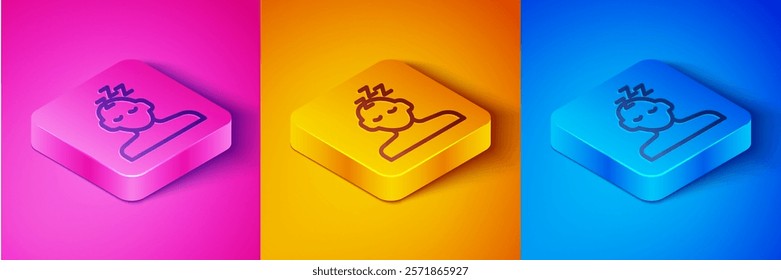 Isometric line Dreams icon isolated on pink and orange, blue background. Sleep, rest, dream concept. Resting time and comfortable relaxation. Square button. Vector