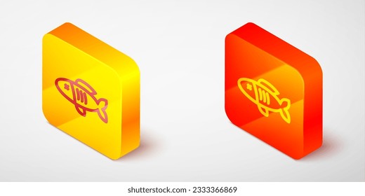 Isometric line Dried fish icon isolated on grey background. Yellow and orange square button. Vector