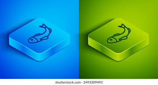 Isometric line Dried fish icon isolated on blue and green background. Square button. Vector