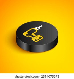 Isometric line Drill machine icon isolated on yellow background. Black circle button. Vector