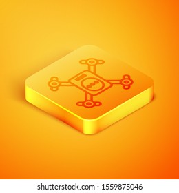 Isometric line Drone flying with action video camera icon isolated on orange background. video and photo camera symbol. Orange square button. Vector Illustration