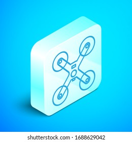 Isometric line Drone flying icon isolated on blue background. Quadrocopter with video and photo camera symbol. Silver square button. Vector Illustration