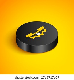 Isometric line Drone flying icon isolated on yellow background. Quadrocopter with video and photo camera symbol. Black circle button. Vector