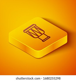 Isometric line Drum icon isolated on orange background. Music sign. Musical instrument symbol. Yellow square button. Vector Illustration