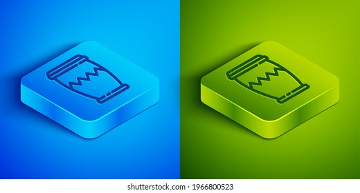 Isometric line Drum icon isolated on blue and green background. Music sign. Musical instrument symbol. Square button. Vector