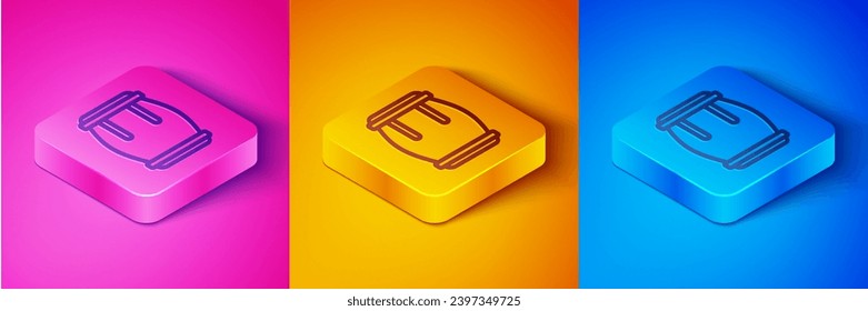 Isometric line Drum icon isolated on pink and orange, blue background. Music sign. Musical instrument symbol. Square button. Vector