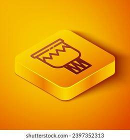 Isometric line Drum icon isolated on orange background. Music sign. Musical instrument symbol. Yellow square button. Vector