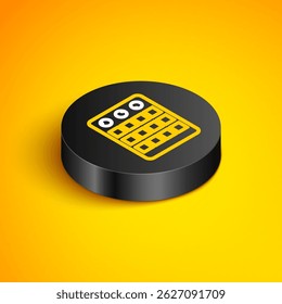 Isometric line Drum machine icon isolated on yellow background. Musical equipment. Black circle button. Vector