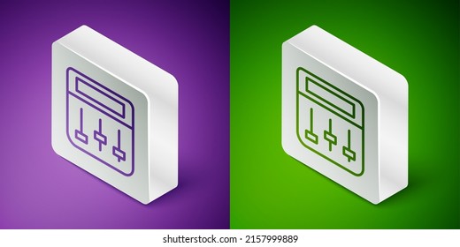 Isometric line Drum machine music producer equipment icon isolated on purple and green background. Silver square button. Vector