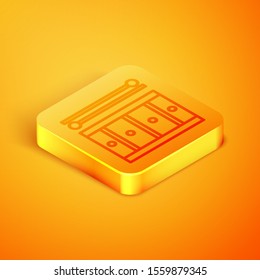 Isometric line Drum with drum sticks icon isolated on orange background. Music sign. Musical instrument symbol. Orange square button. Vector Illustration
