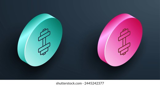 Isometric line Dumbbell icon isolated on black background. Muscle lifting, fitness barbell, sports equipment. Turquoise and pink circle button. Vector