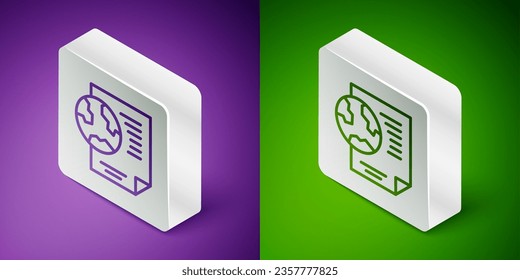 Línea isométrica Tierra globo con icono de documento aislado sobre fondo morado y verde. Signo mundial o terrestre. Símbolo global de internet. Formas geométricas. Botón cuadrado plateado. Vector