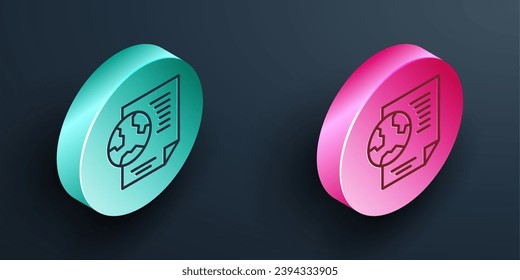 Isometric line Earth globe with document icon isolated on black background. World or Earth sign. Global internet symbol. Geometric shapes. Turquoise and pink circle button. Vector