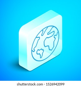 Isometric line Earth globe icon isolated on blue background. World or Earth sign. Global internet symbol. Geometric shapes. Silver square button. Vector Illustration