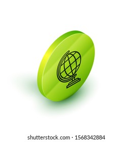 Isometric line Earth globe icon isolated on white background. Green circle button. Vector Illustration