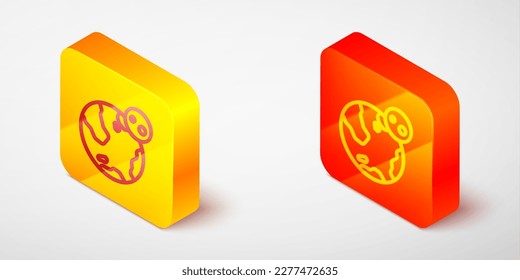 Línea isométrica Icono del globo terrestre aislado en fondo gris. Signo mundial o terrestre. Símbolo global de internet. Formas geométricas. Botón cuadrado amarillo y naranja. Vector