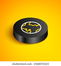 Isometric line Earth globe icon isolated on yellow background. World or Earth sign. Global internet symbol. Geometric shapes. Black circle button. Vector