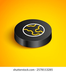 Isometric line Earth globe icon isolated on yellow background. World or Earth sign. Global internet symbol. Geometric shapes. Black circle button. Vector