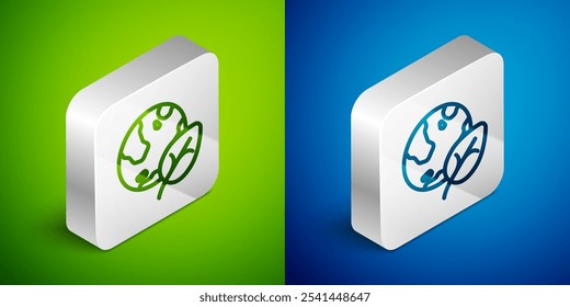 Isometric line Earth globe and leaf icon isolated on green and blue background. World or Earth sign. Geometric shapes. Environmental concept. Silver square button. Vector
