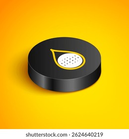 Isometric line Earth planet in water drop icon isolated on yellow background. World globe and water drop. Saving water and world environmental protection. Black circle button. Vector