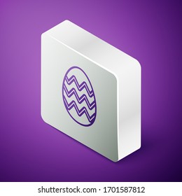 Isometric line Easter egg icon isolated on purple background. Happy Easter. Silver square button. Vector Illustration