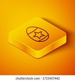 Isometric line Easter egg icon isolated on orange background. Happy Easter. Yellow square button. Vector Illustration