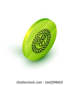 Isometric line Easter egg in a wicker nest icon isolated on white background. Happy Easter. Green circle button. Vector Illustration