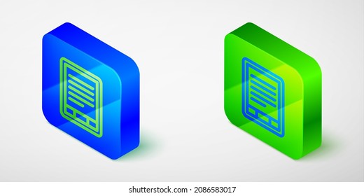 Isometric line E-Book reader icon isolated grey background. Blue and green square button. Vector