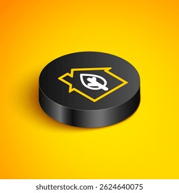 Isometric line Eco friendly house icon isolated on yellow background. Eco house with leaf. Black circle button. Vector
