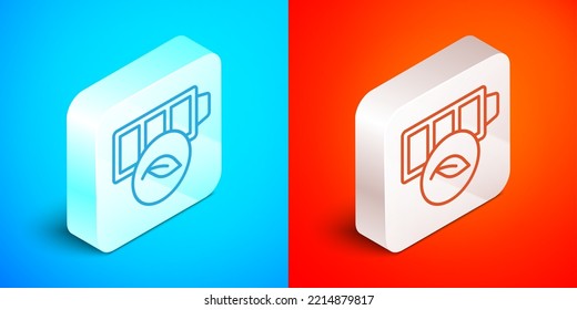 Isometric line Eco nature leaf and battery icon isolated on blue and red background. Energy based on ecology saving concept. Silver square button. Vector