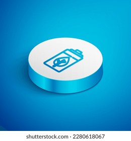 Isometric line Eco nature leaf and battery icon isolated on blue background. Energy based on ecology saving concept. White circle button. Vector