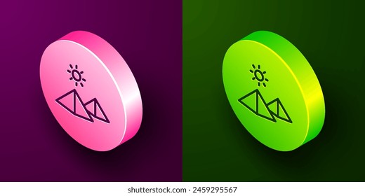 Isometric line Egypt pyramids icon isolated on purple and green background. Symbol of ancient Egypt. Circle button. Vector