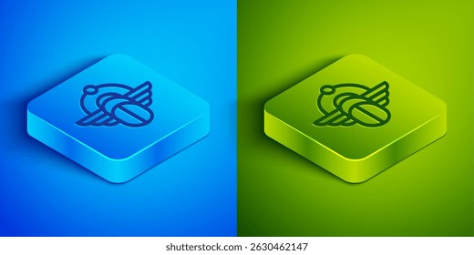 Linha isométrica ícone escaravelho egípcio isolado no fundo azul e verde. Fusca alada e sol. Botão quadrado. Vetor