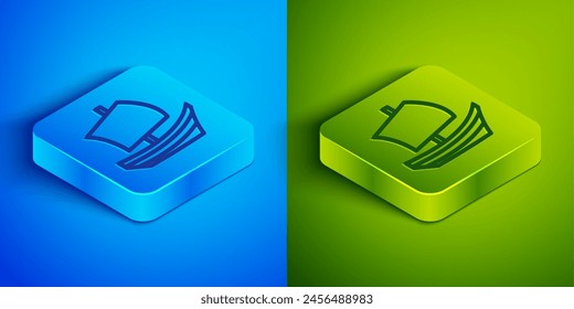 Isometric line Egyptian ship icon isolated on blue and green background. Egyptian papyrus boat. Square button. Vector