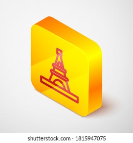 Isometric line Eiffel tower icon isolated on grey background. France Paris landmark symbol. Yellow square button. Vector.