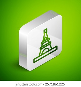 Isometric line Eiffel tower icon isolated on green background. France Paris landmark symbol. Silver square button. Vector