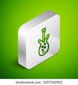 Isometric line Electric bass guitar icon isolated on green background. Silver square button. Vector