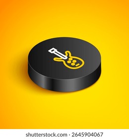 Linha isométrica Ícone de guitarra baixo elétrico isolado no fundo amarelo. Botão círculo preto. Vetor