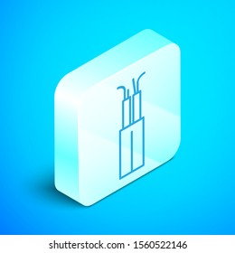 Isometric line Electric cable icon isolated on blue background. Silver square button. Vector Illustration