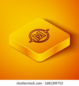 Isometric line Electric circuit scheme icon isolated on orange background. Circuit board. Yellow square button. Vector Illustration