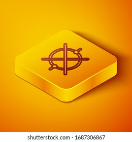 Isometric line Electric circuit scheme icon isolated on orange background. Circuit board. Yellow square button. Vector Illustration