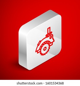 Isometric line Electric circular saw with steel toothed disc icon isolated on red background. Electric hand tool for cutting wood or metal. Silver square button. Vector Illustration