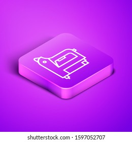 Isometric line Electric construction stapler icon isolated on purple background. Working tool. Purple square button. Vector Illustration