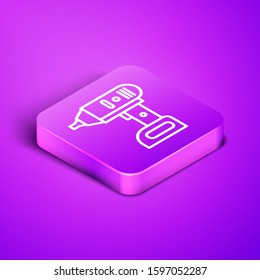 Isometric line Electric cordless screwdriver icon isolated on purple background. Electric drill machine. Repair tool. Purple square button. Vector Illustration