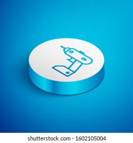Isometric line Electric cordless screwdriver icon isolated on blue background. Electric drill machine. Repair tool. White circle button. Vector Illustration