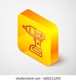 Isometric line Electric cordless screwdriver icon isolated on grey background. Electric drill machine. Repair tool. Yellow square button. Vector Illustration