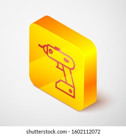 Isometric line Electric cordless screwdriver icon isolated on grey background. Electric drill machine. Repair tool. Yellow square button. Vector Illustration
